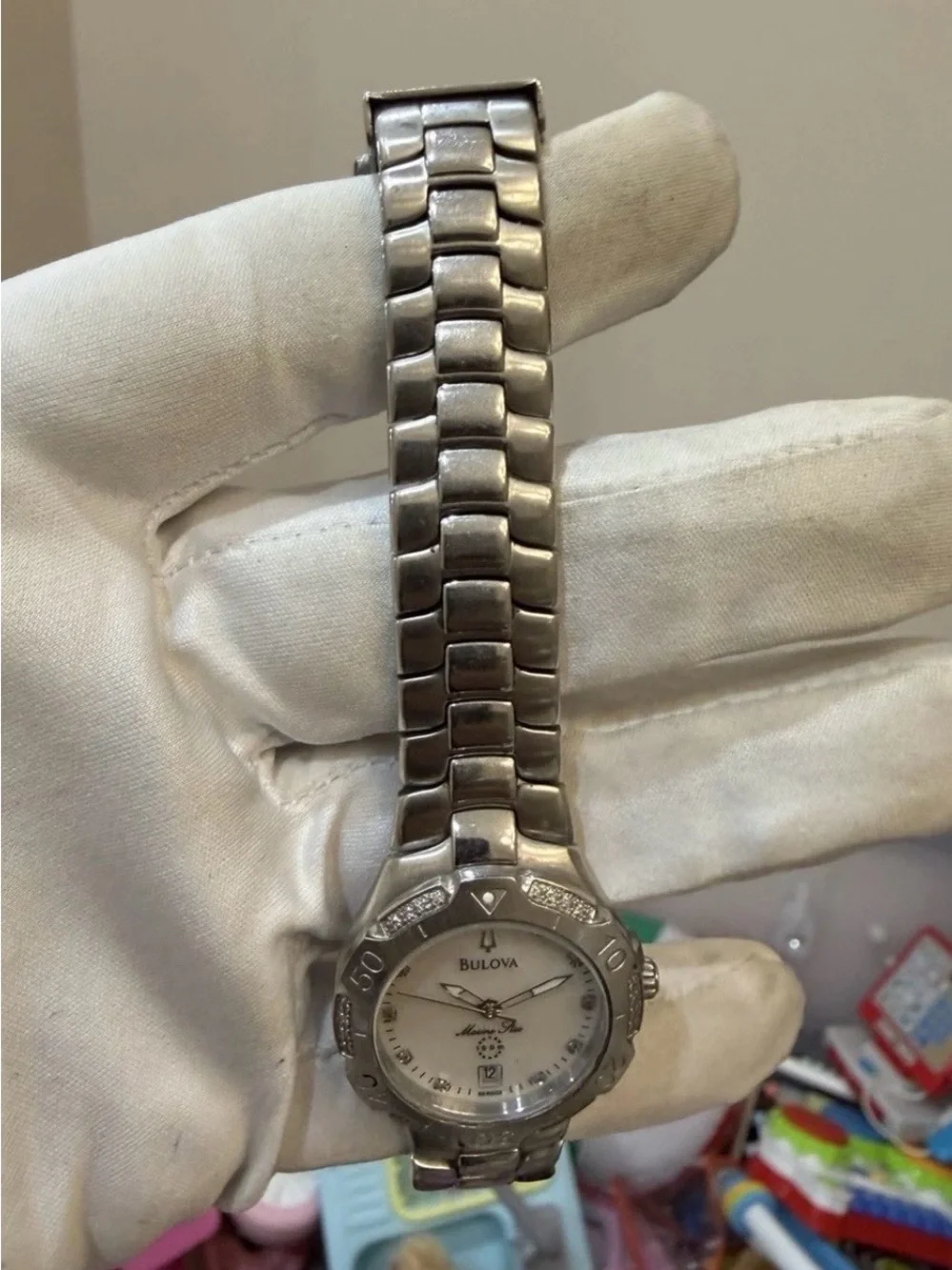 Bulova Marine Star 96R002 Womens Diamond Watch Mother of Pearl Stainless Steel